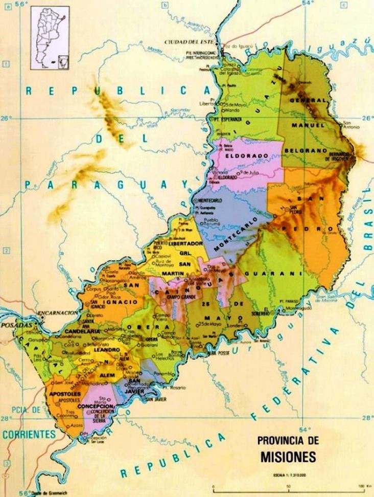 Mapa político de Misiones con sus divisiones departamentales.