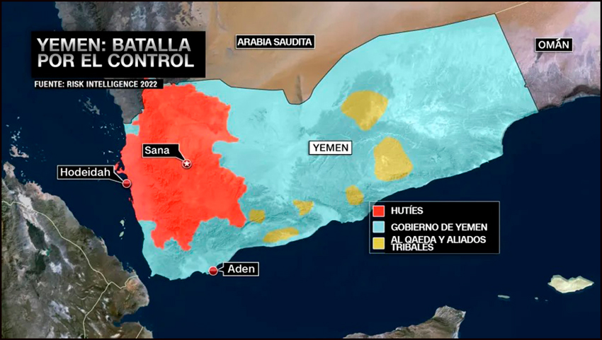 Área
actualmente ocupada por los hutíes en Yemen.
