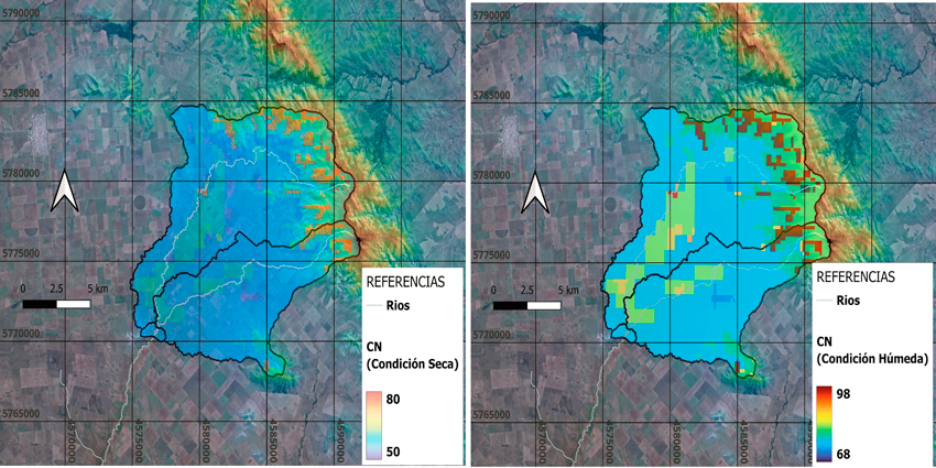 Distribución de CN en el área estudiada en condición seca (a) y condición húmeda (b).