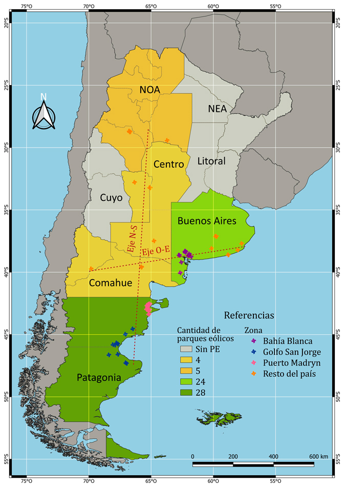 Zonificación de la generación eólica de alta
potencia y cantidad de parques eólicos según región eléctrica. Argentina, 2023.