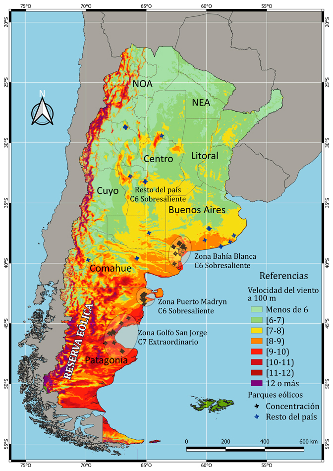 Velocidad
del viento a 100 m (m/s) y parques eólicos según zona. Argentina, 2023.