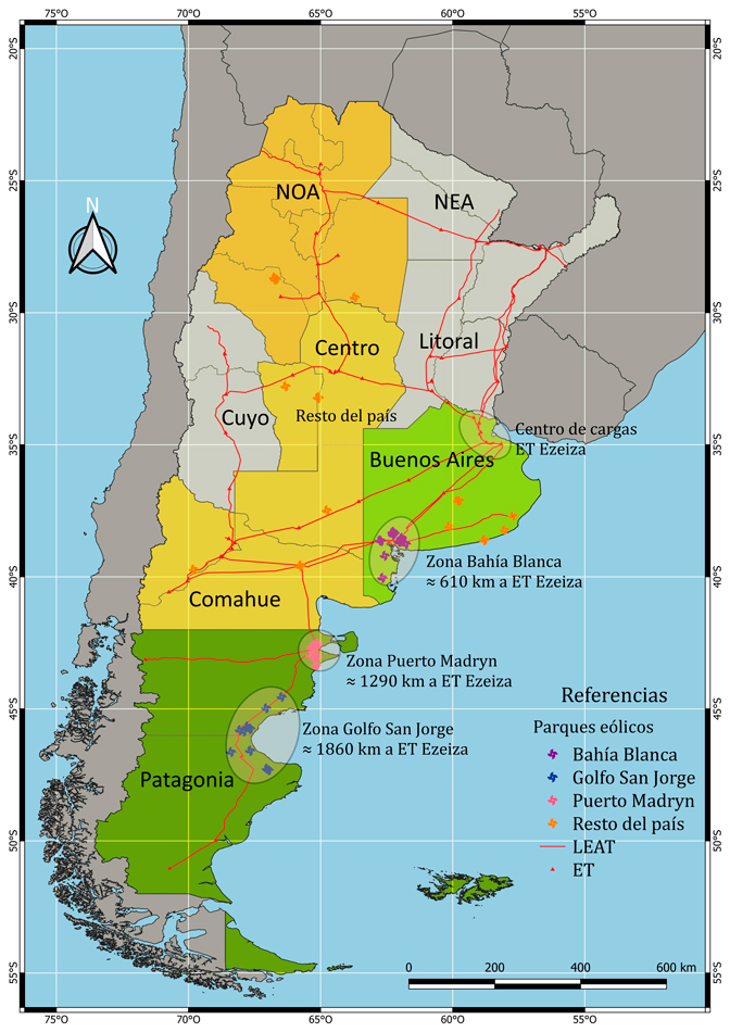 Redes de transporte eléctrico en extra alta tensión y
parques eólicos según zona. Argentina, 2023.