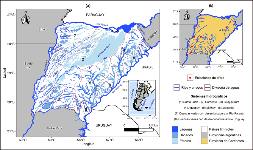 a. Red hidrográfica y delimitación
aproximada de las principales cuencas de la Provincia de Corrientes; b. Localización de las estaciones de aforo
de los principales ríos de la provincia.