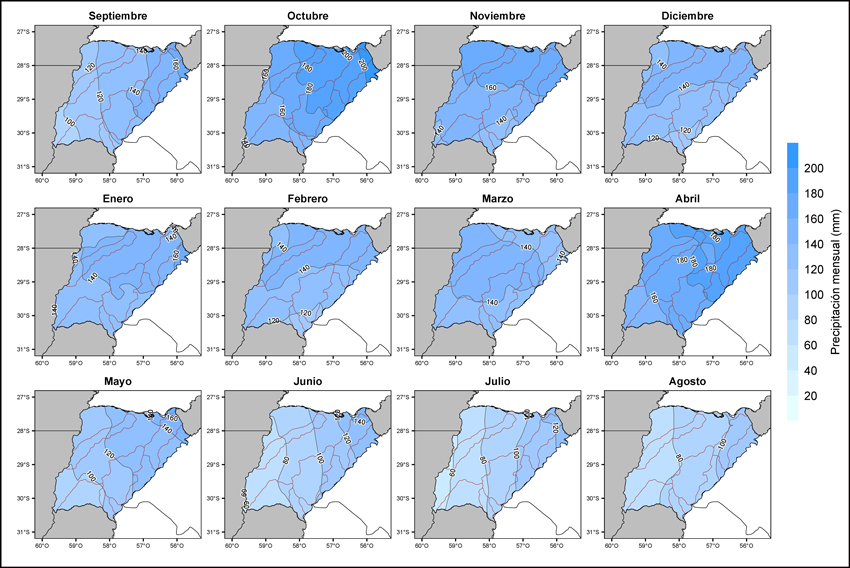 Campos
medios de precipitación mensual para la Provincia de Corrientes (promedio del
período 1980-2022). Las líneas continuas marrones indican las divisorias de
aguas.