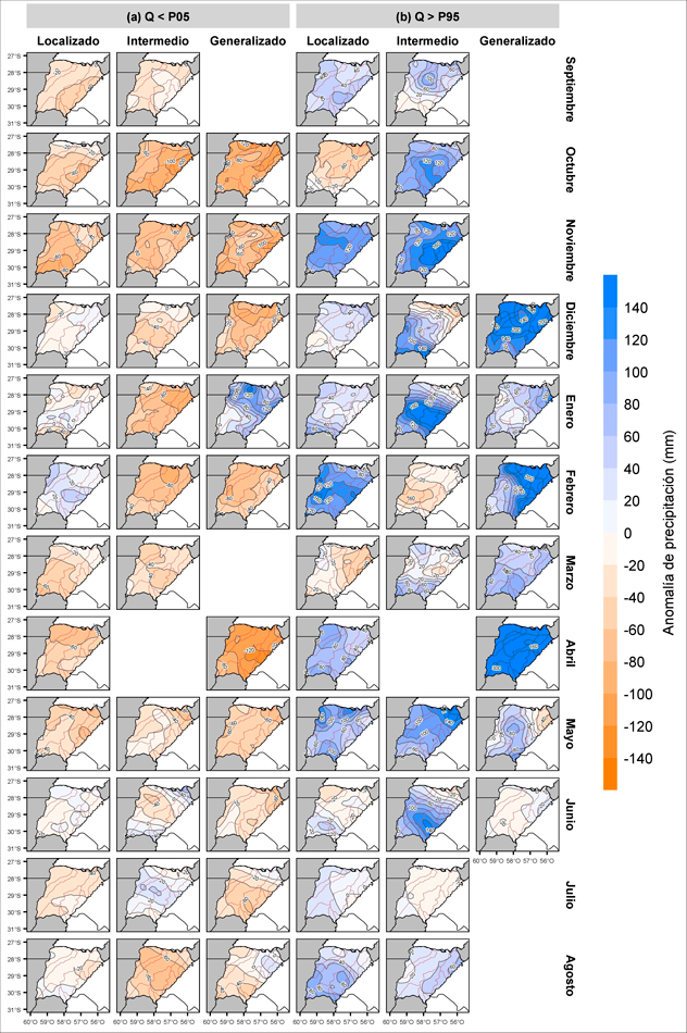 Composiciones de anomalías de precipitación mensual, discriminadas por mes del
año y por alcance geográfico del tipo de extremo. Se muestran las composiciones
para casos con a. caudales medios
mensuales inferiores al P05 (Q < P05) y b.
superiores al P95 (Q > P95). Las líneas continuas marrones indican las
divisorias de aguas.