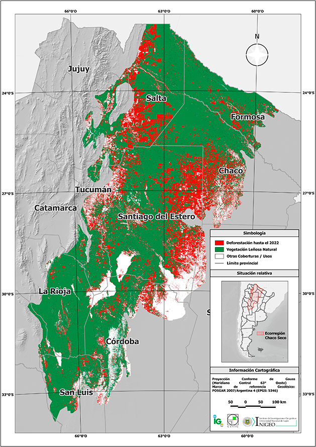 Mapa de la superficie deforestada en la ecorregión Chaco Seco hasta el 2022