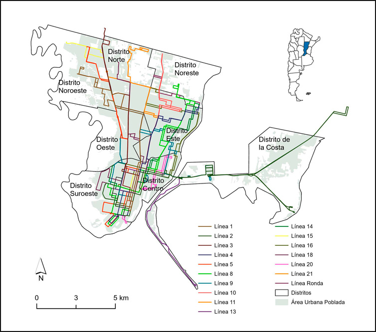 Recorridos de las 16 líneas de autobuses públicos en el Área Urbana Poblada de la ciudad de Santa Fe.
