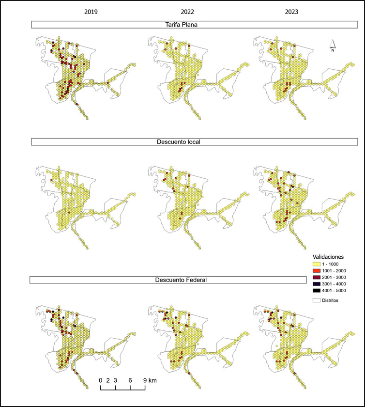 Distribución de las validaciones de la tarjeta SUBE en horario pico (7 a.m.) según tipo de tarifa y período de estudio, en la ciudad de Santa Fe.