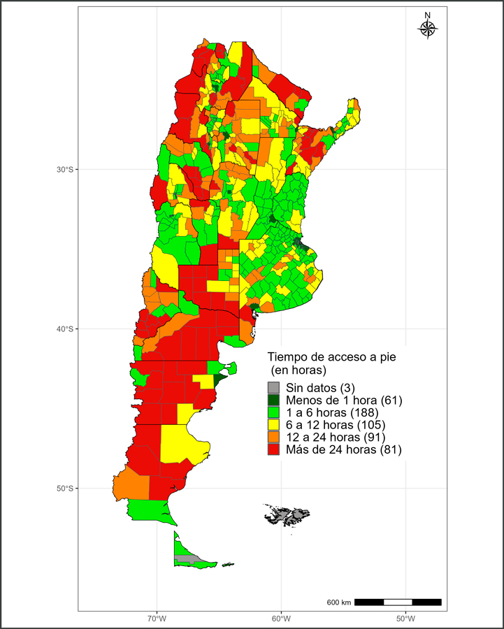 Tiempo promedio de acceso a pie (en horas) a un establecimiento p&uacute;blico de salud de nivel medio/alto, por departamento. Argentina a&ntilde;o 2022.