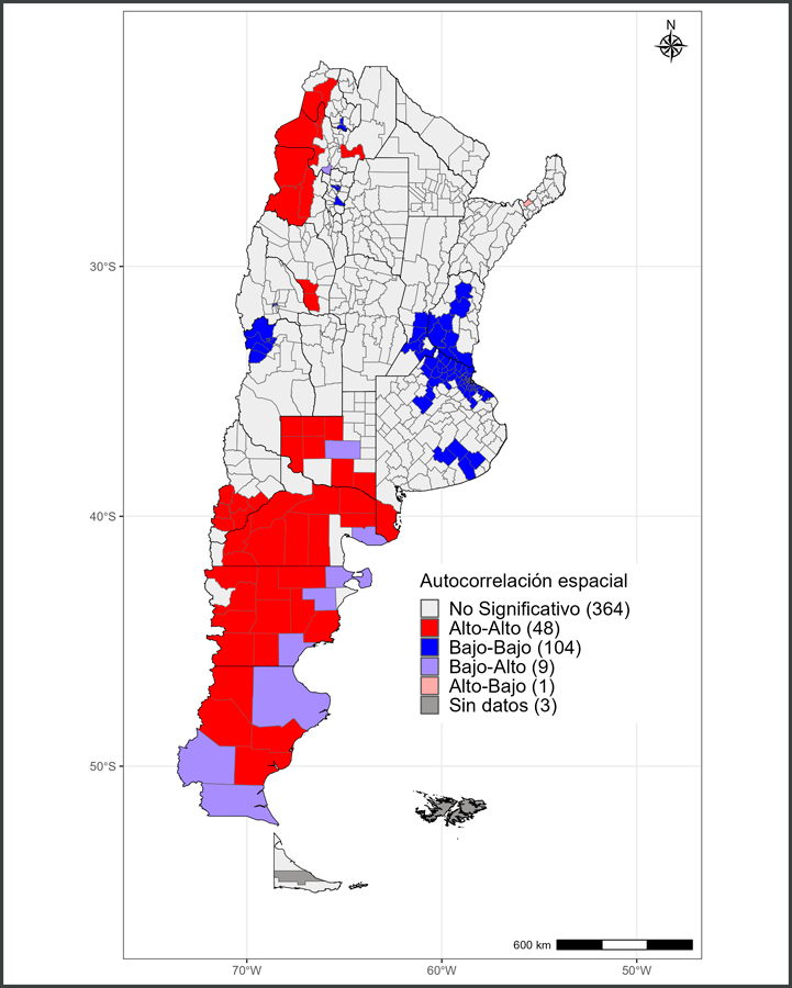 Autocorrelaci&oacute;n espacial y cl&uacute;steres de asociaci&oacute;n del tiempo promedio de acceso a pie a un establecimiento p&uacute;blico de salud de nivel medio/alto. Argentina a&ntilde;o 2022.