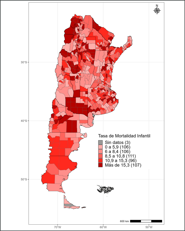 Tasa de mortalidad infantil (por 1000 nacidos vivos) por departamentos. Argentina (2022)