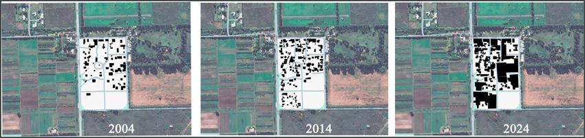 Evoluci&oacute;n de la ocupaci&oacute;n del barrio La Aceitera. A&ntilde;os 2004-2014 y 2024.