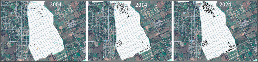 Evoluci&oacute;n de la ocupaci&oacute;n del barrio El Rinc&oacute;n, a&ntilde;os 2004-2014 y 2024.