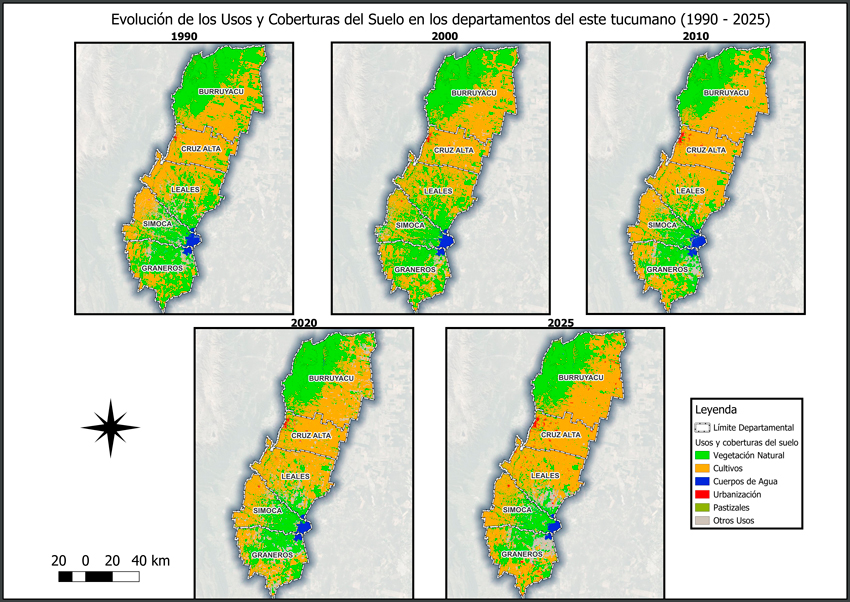 Evoluci&oacute;n de los usos y coberturas del suelo en los departamentos del este tucumano.