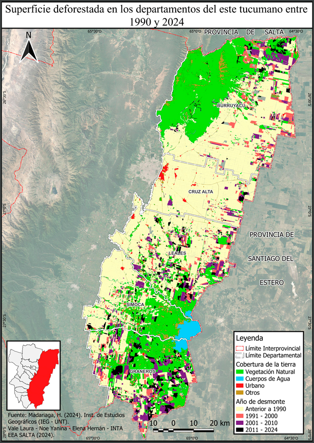 Superficie deforestada por a&ntilde;o en los departamentos del este tucumano.