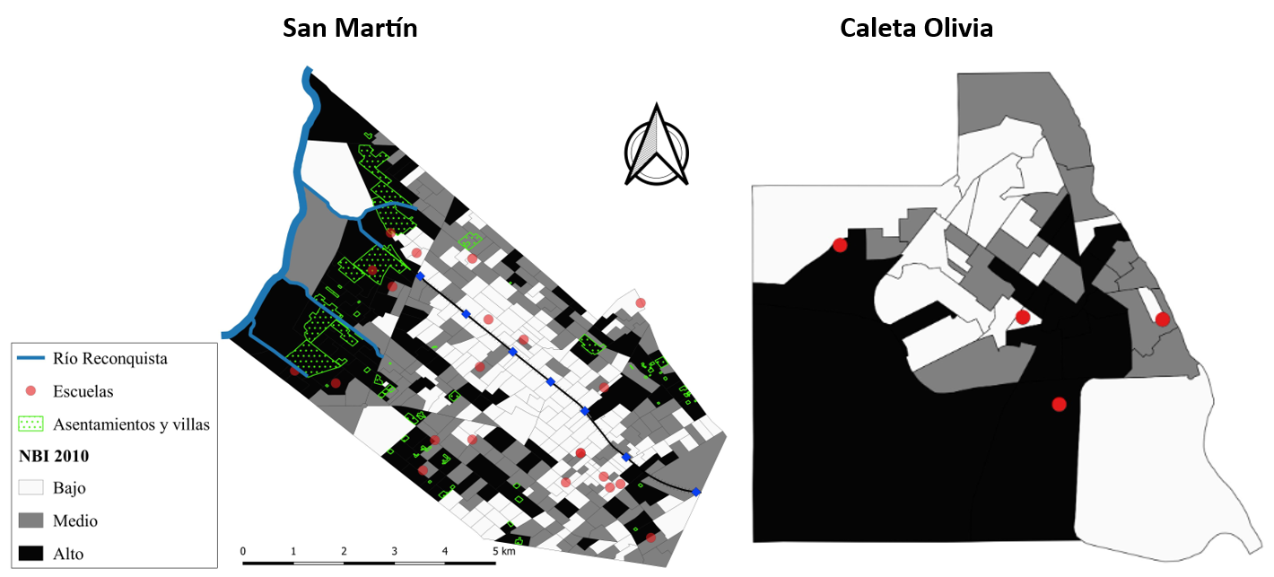 Mapa 1. Distribuci&oacute;n de escuelas encuestadas seg&uacute;n NBI, San Mart&iacute;n y Caleta Olivia.