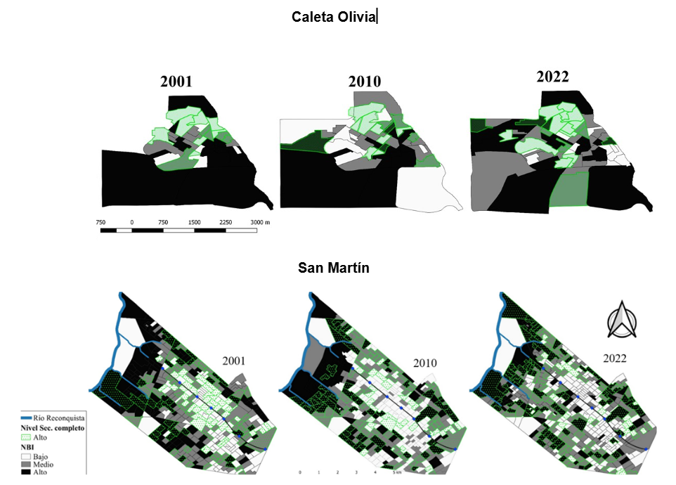 Mapa 2. Escolaridad del nivel secundario seg&uacute;n NBI, 2001-2022. Partido de San Mart&iacute;n y Caleta Olivia.