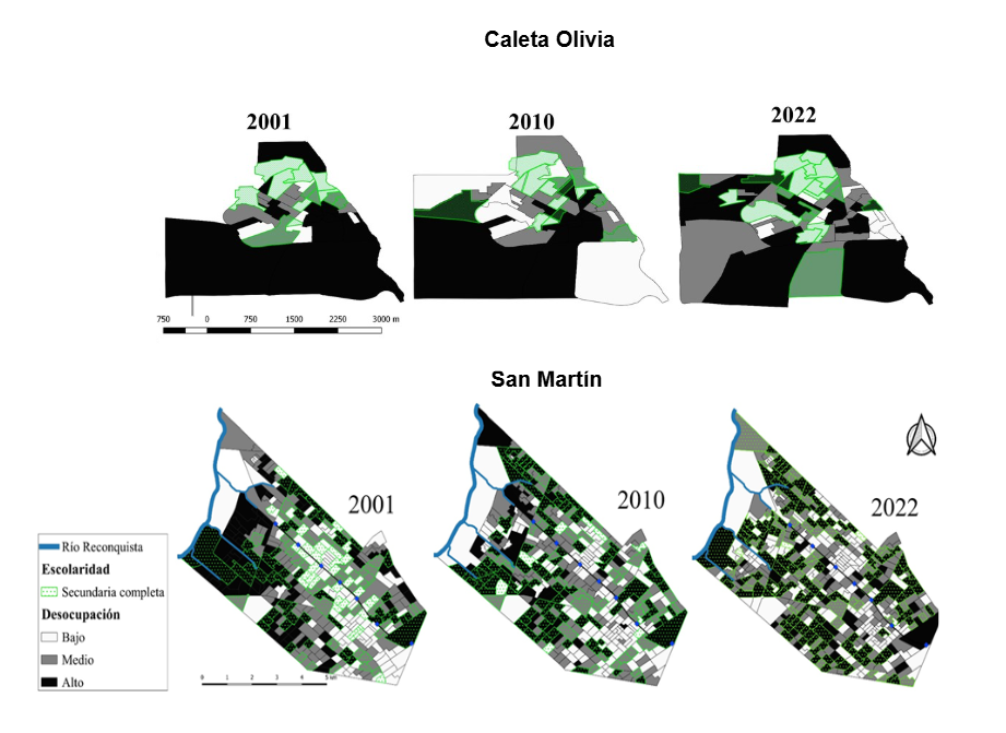 Mapa 3. Escolaridad del nivel secundario seg&uacute;n desocupaci&oacute;n laboral, 2001-2022. Partido de San Mart&iacute;n y Localidad de Caleta Olivia.